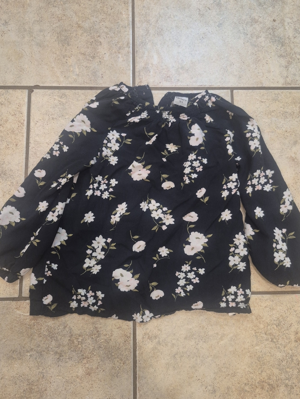 Girls Black Floral Long-Sleeve Blouse with White & Pink Flowers